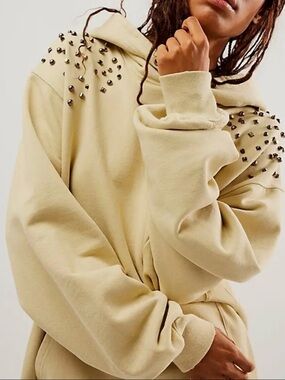 Free People Beige Studded Hoodie Sweatshirt